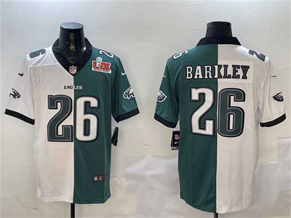 Mens Philadelphia Eagles #26 Saquon Barkley White & Green Split 2025 Super Bowl LIX Patch Vapor Untouchable Limited Stitched Jersey Dzhi